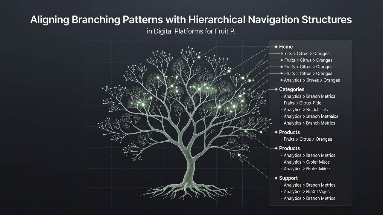 Screenshot of a digital platform interface with branching navigation menus overlaid on an orchard map for fruit production monitoring