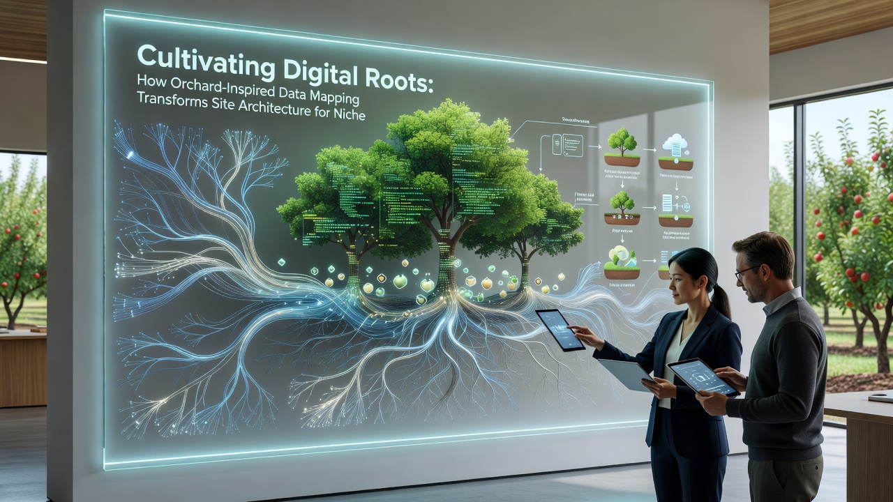 Data mapping visualization with orchard rows representing layered website categories and interconnected digital pathways