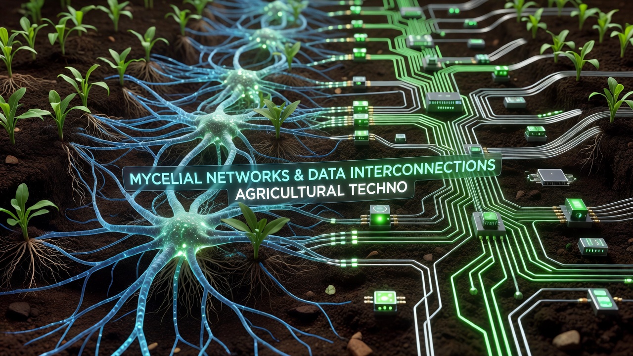 Close-up view of soil cross-section with overlaid digital network topology illustrating mycelium threads and data cables